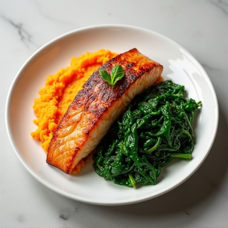 Seared Salmon with Garlic Spinach and Sweet Potato Mash