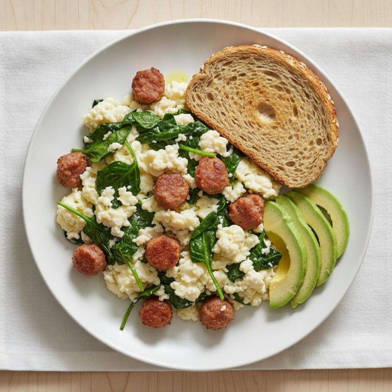 Egg White and Spinach Scramble with Turkey Sausage