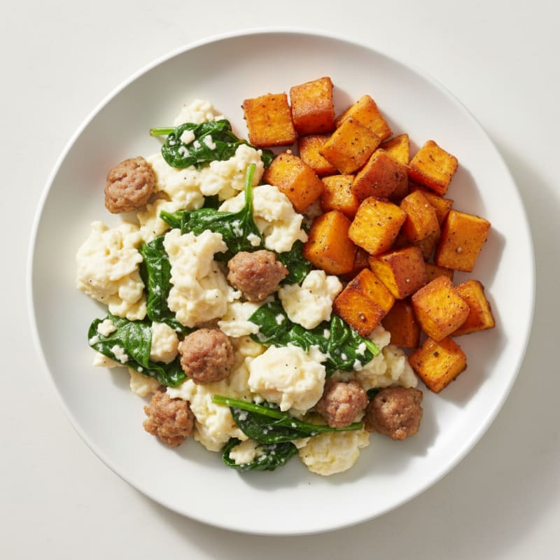 Egg White and Turkey Sausage Scramble with Spinach and Roasted Sweet Potato