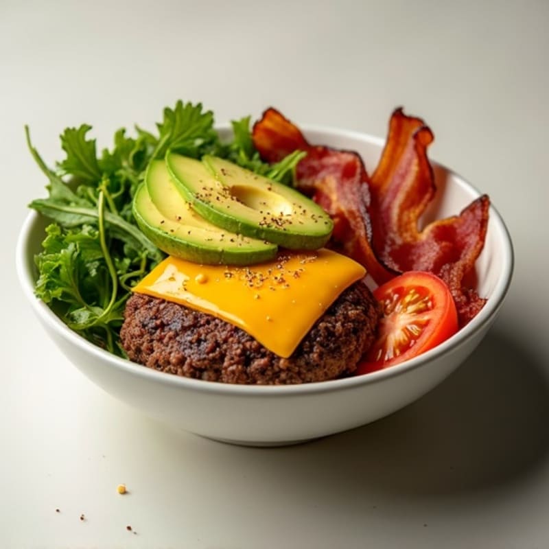 Cheeseburger-Style Lean Ground Beef Bowl with Crispy Bacon and Fresh Greens