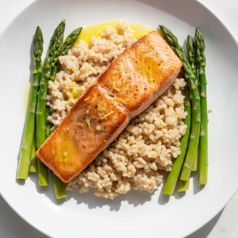 Seared Salmon with Steamed Asparagus and Brown Rice