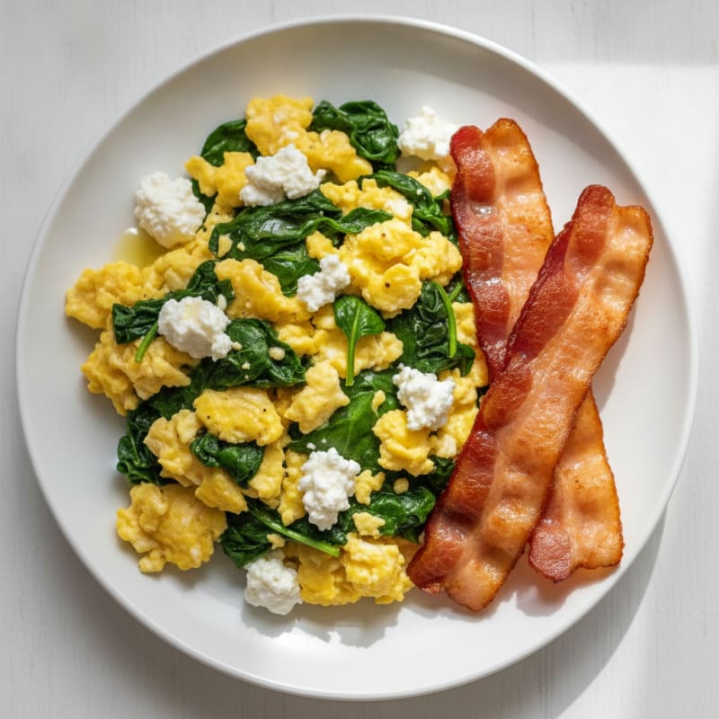 Cottage Cheese Egg Scramble with Sautéed Spinach and Turkey Bacon