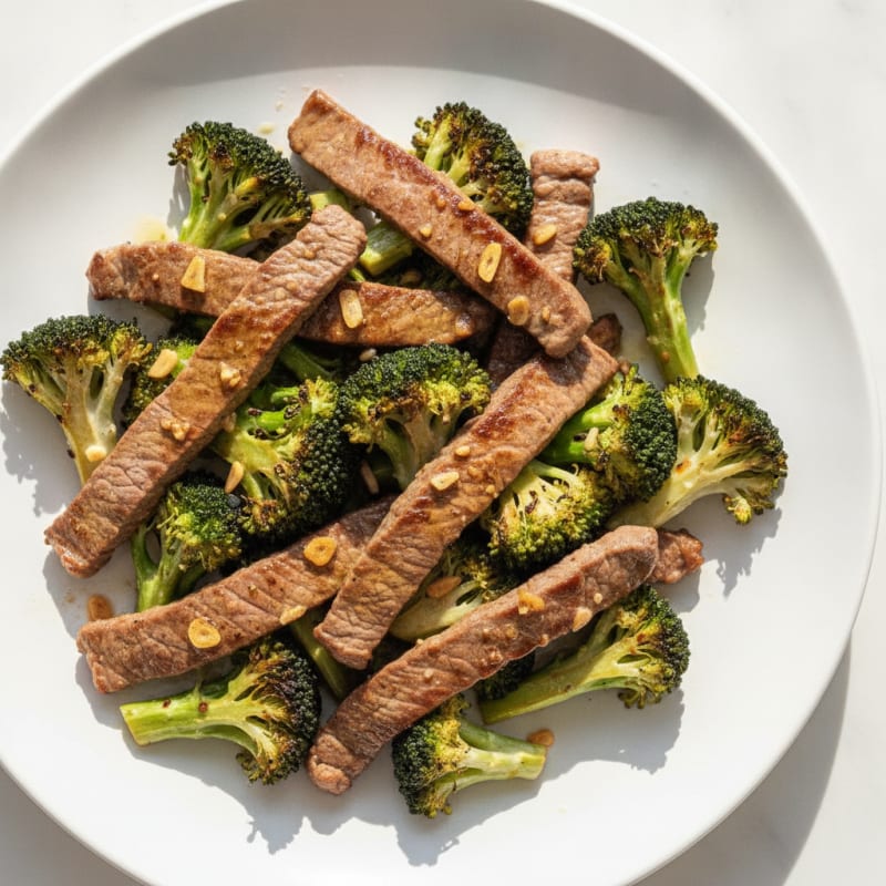 Seared Lean Beef Strips with Roasted Broccoli