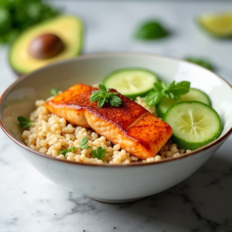 Seared Salmon with Fresh Cucumber and Avocado Rice Bowl