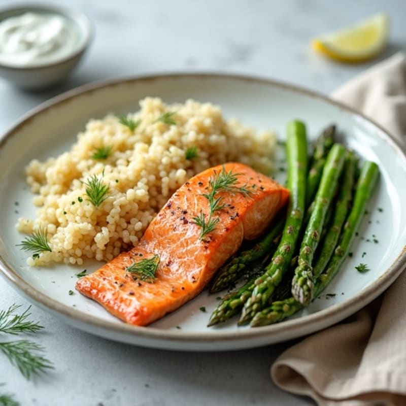 Baked Salmon with Steamed Asparagus, Quinoa, and Greek Yogurt Dill Sauce