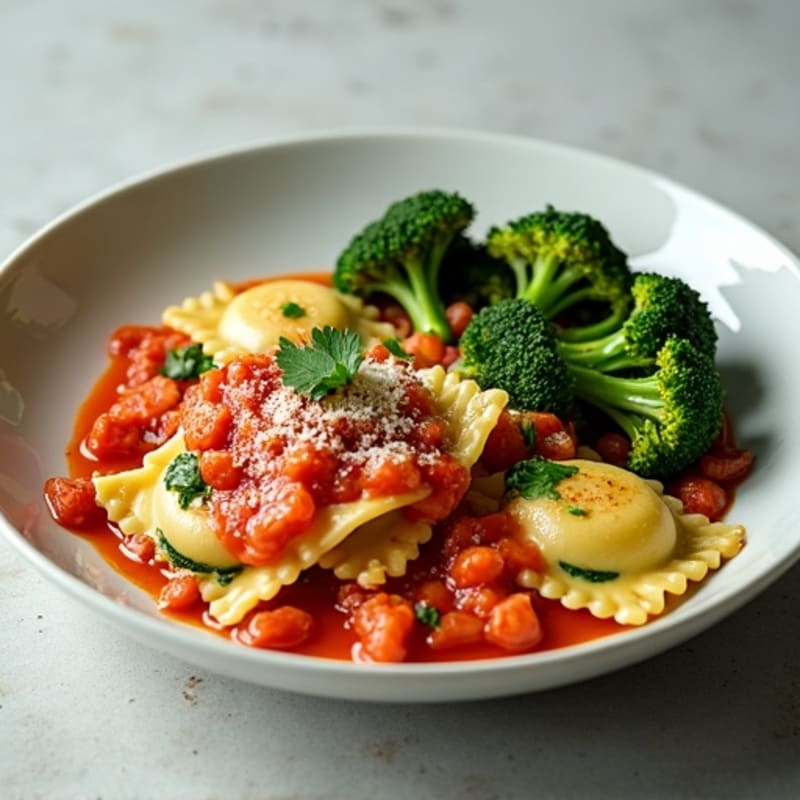 Spinach Ravioli with Fresh Tomato Basil Sauce and Crispy Roasted Broccoli