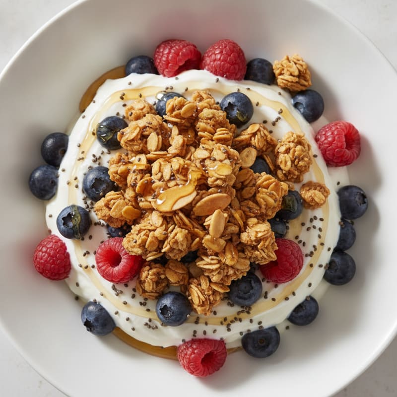 Greek Yogurt Parfait with Mixed Berries and Crunchy Almond Granola