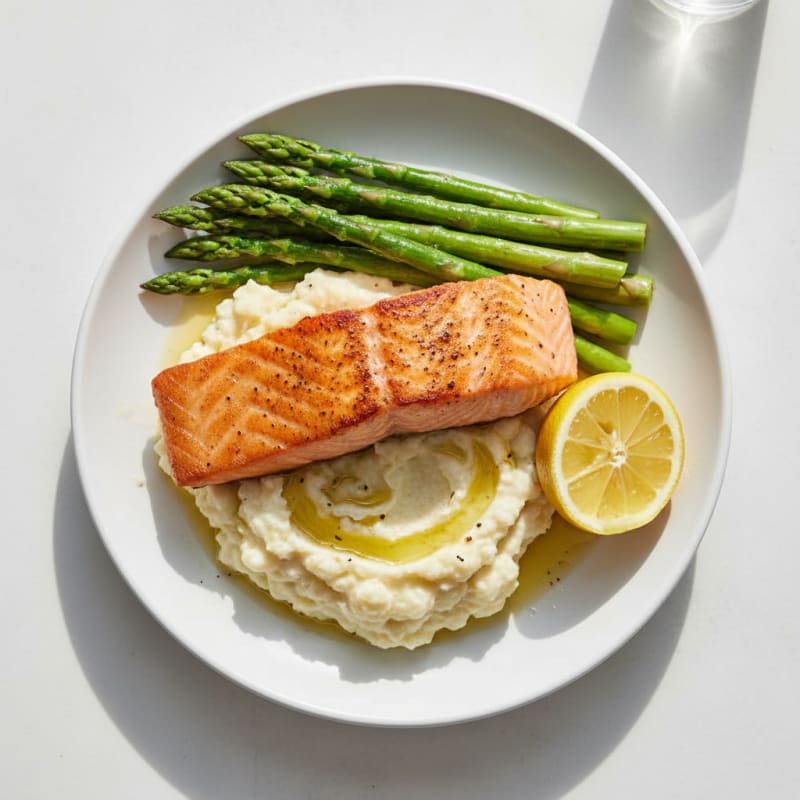Seared Salmon with Steamed Asparagus and Garlic Mashed Cauliflower