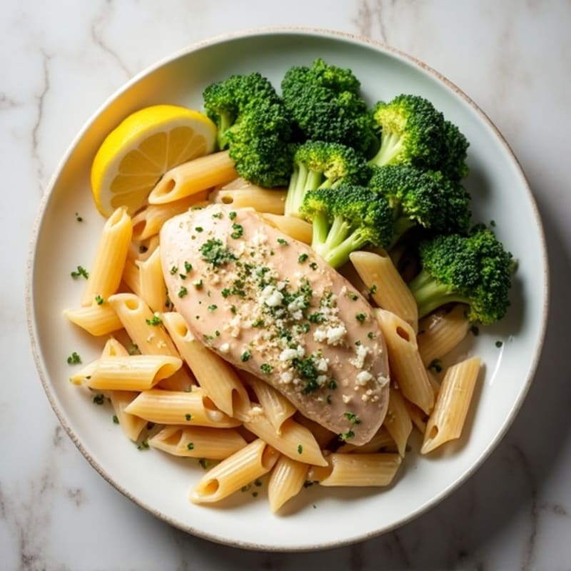 Lighter Creamy Garlic Parmesan Chicken Pasta with Roasted Broccoli