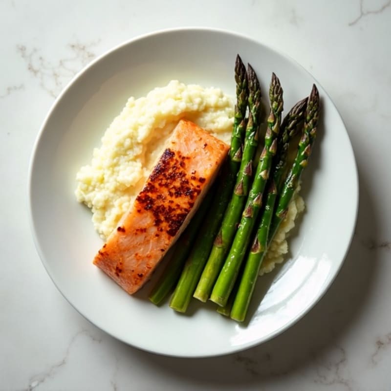 Seared Salmon with Roasted Asparagus and Cauliflower Mash