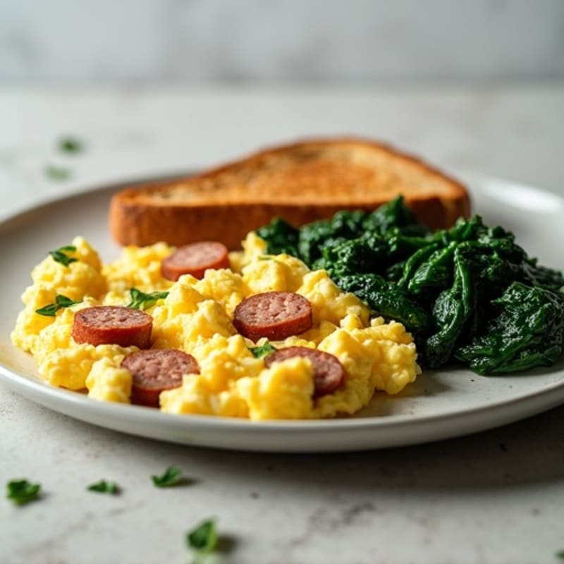 Cottage Cheese Egg Scramble with Turkey Sausage and Sautéed Spinach