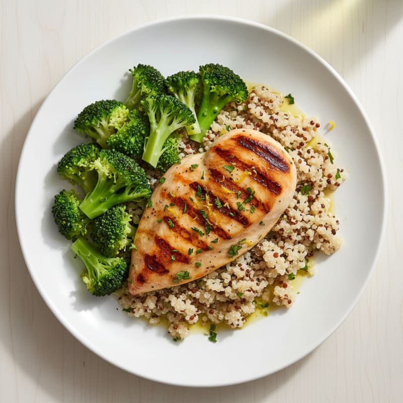 Grilled Chicken Breast with Steamed Broccoli and Quinoa