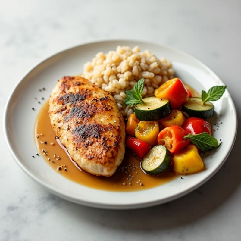 Seared Chicken Breast with Roasted Vegetables and Brown Rice