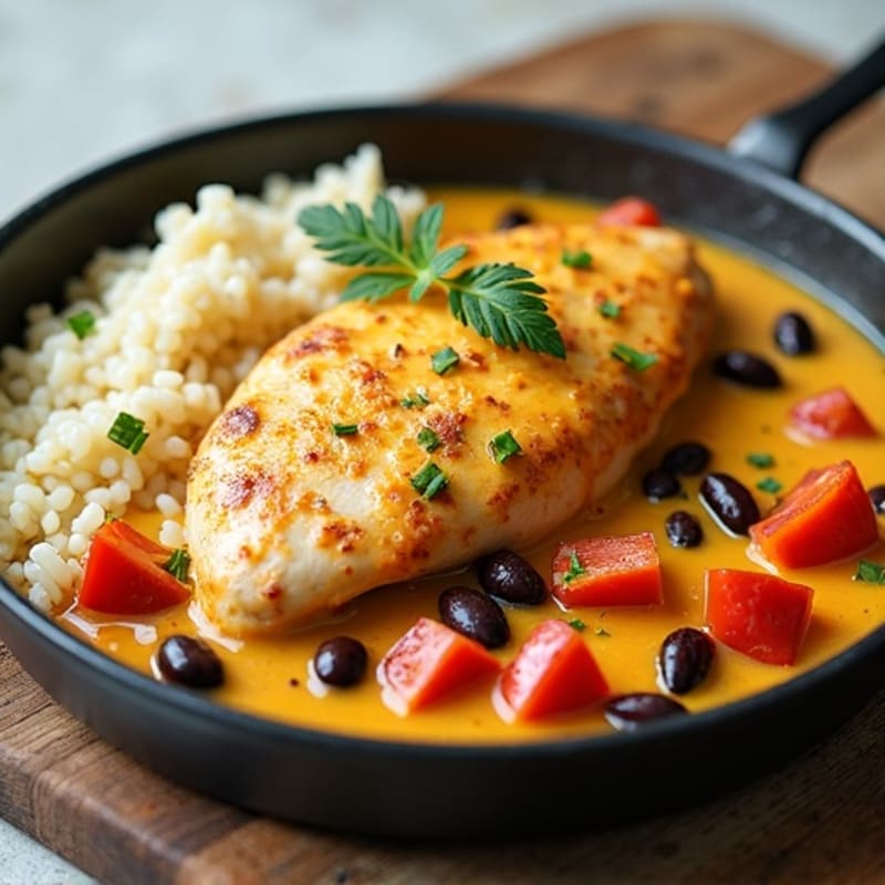 Creamy Cheesy Chicken and Rice Skillet with Roasted Peppers and Black Beans
