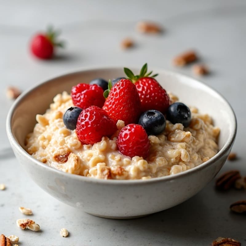 Creamy Vanilla Bean Protein Oatmeal with Toasted Pecans and Fresh Berries