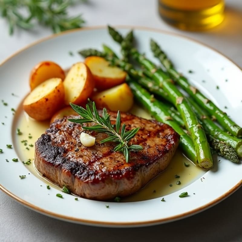 Garlic Herb Pan-Seared Steak with Roasted Potatoes and Asparagus