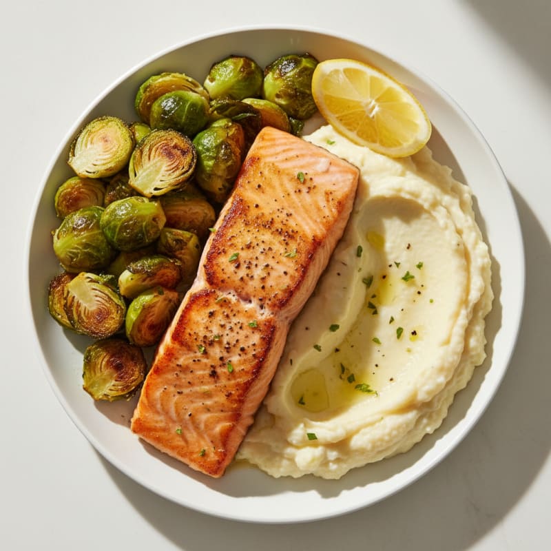 Seared Salmon Fillet with Roasted Brussels Sprouts and Cauliflower Mash