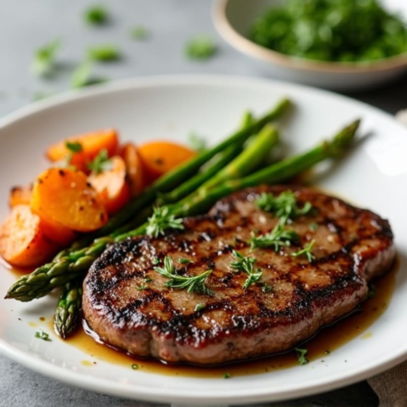 Tender Garlic Herb Steak with Roasted Asparagus and Sweet Potatoes