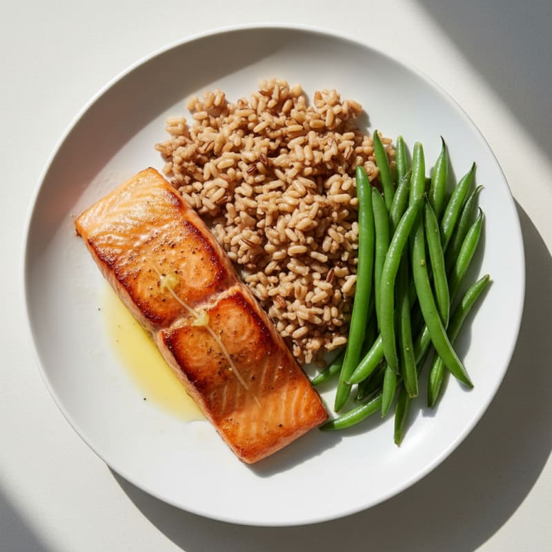 Seared Salmon Filet with Steamed Green Beans and Brown Rice