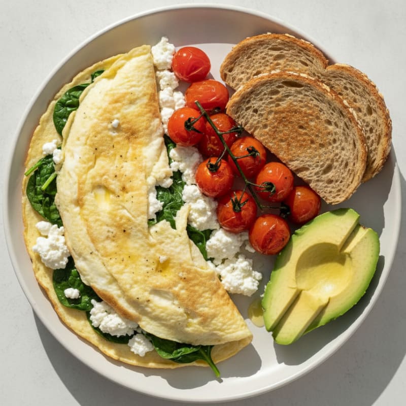 Egg White Spinach Omelette with Cottage Cheese and Cherry Tomatoes