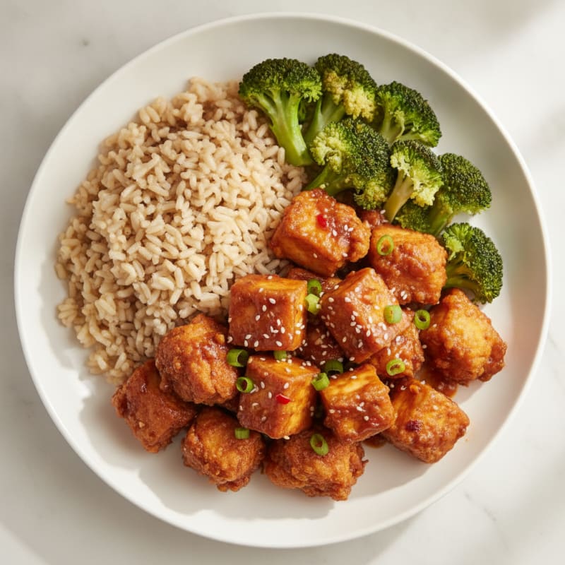 General Tso's Chicken and Tofu with Brown Rice