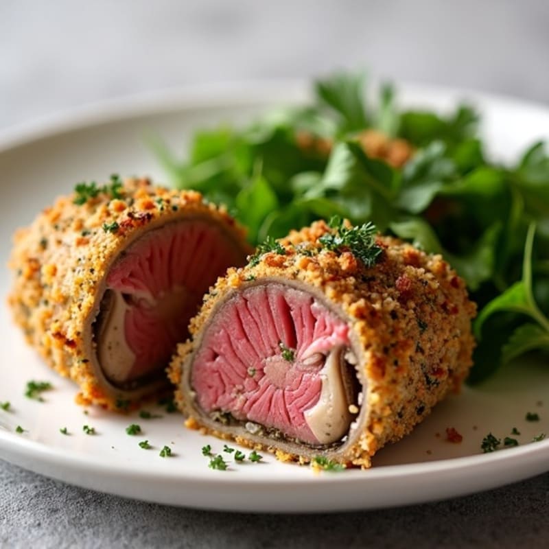 Crispy Herb-Crusted Beef Tenderloin with Savory Mushroom Filling