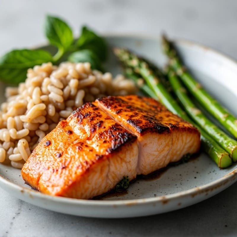 Seared Salmon with Steamed Asparagus and Brown Rice