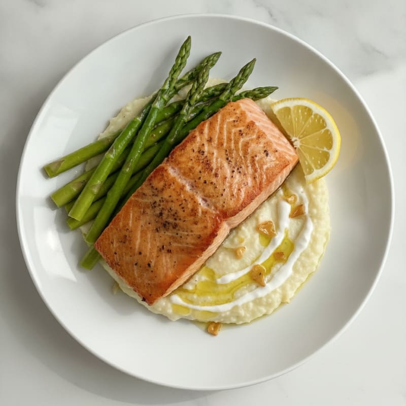 Seared Salmon with Steamed Asparagus and Cauliflower Mash