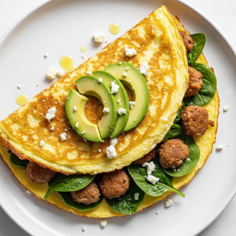 Crispy Egg White Omelet with Turkey Sausage and Spinach
