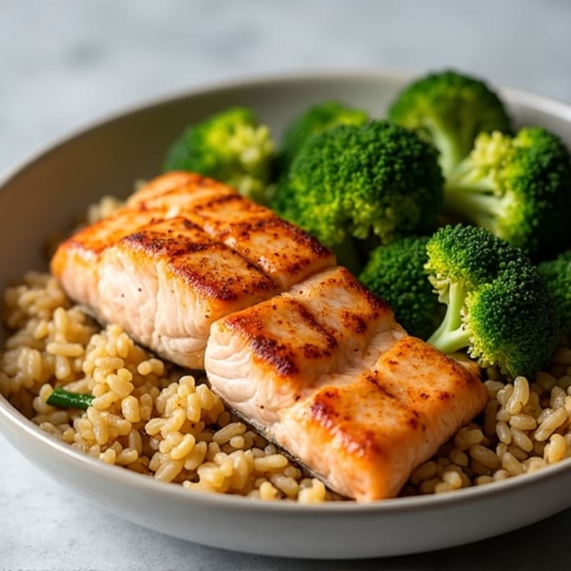 Seared Salmon with Roasted Broccoli and Curry-Infused Brown Rice