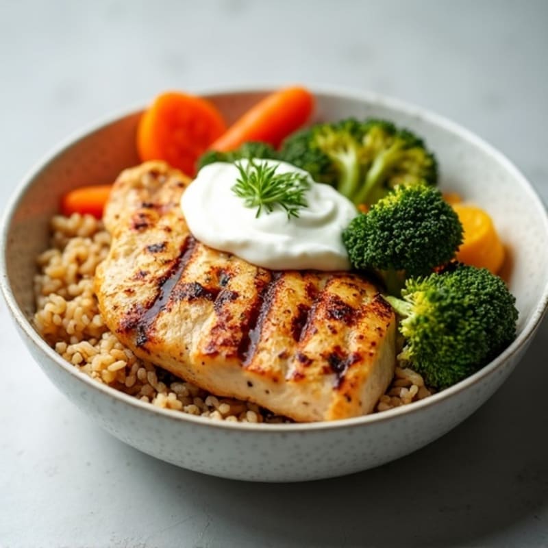 Grilled Chicken Rice Bowl with Roasted Vegetables