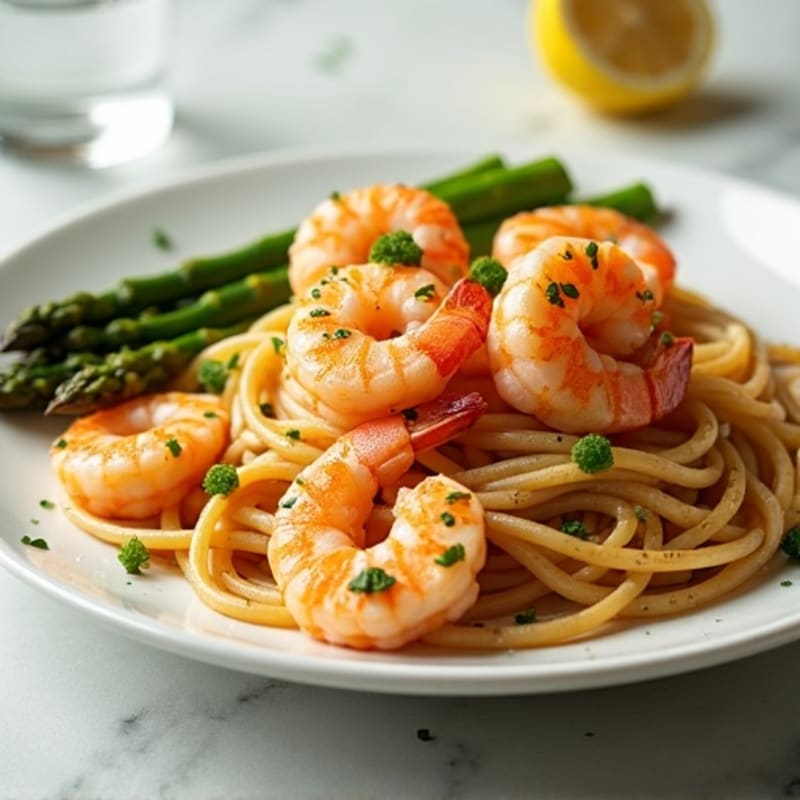 Lemon Garlic Pan-Seared Shrimp with Whole Wheat Linguine and Roasted Asparagus