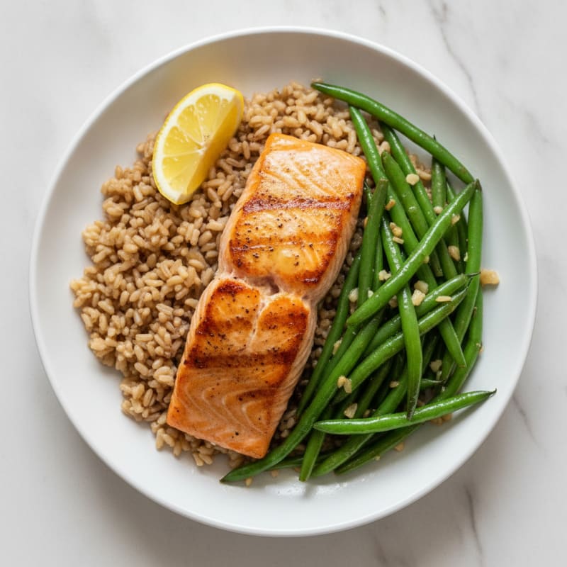 Seared Salmon with Garlic Green Beans and Brown Rice