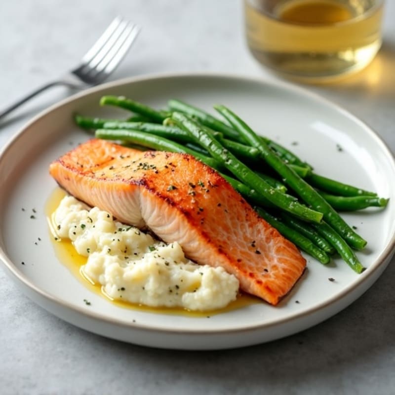 Seared Salmon with Steamed Green Beans and Garlic Cauliflower Mash