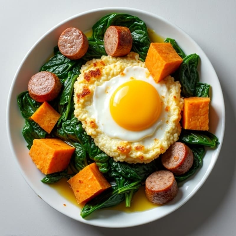 Egg White and Turkey Sausage Scramble with Spinach and Sweet Potato
