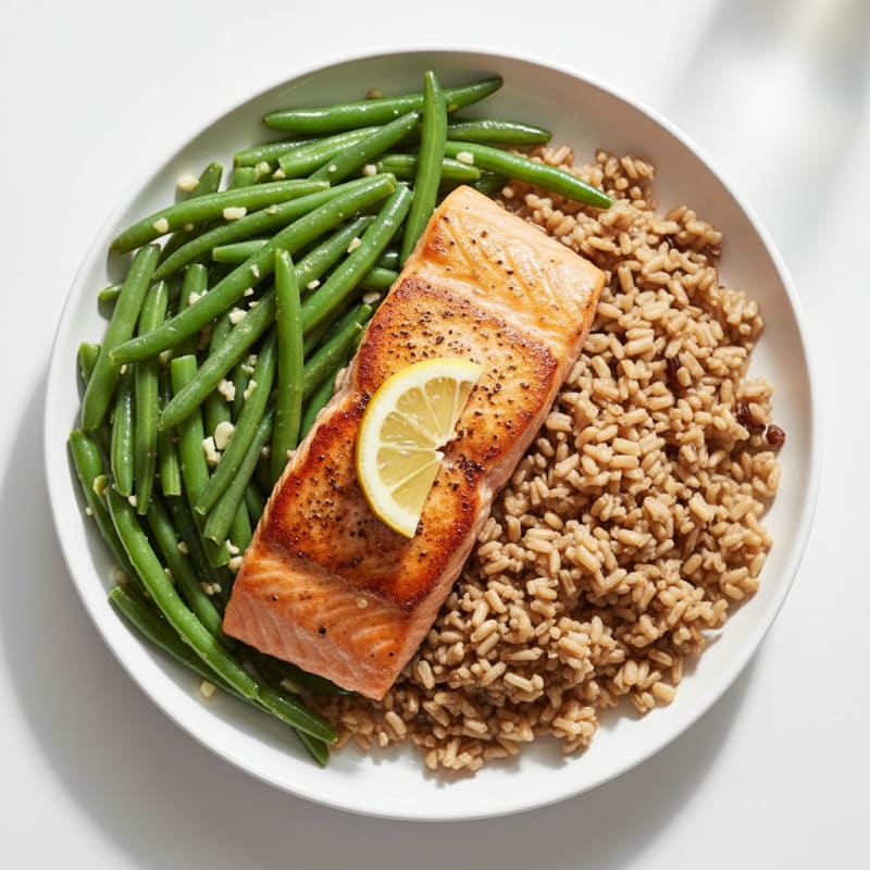 Seared Salmon with Garlic Green Beans and Brown Rice