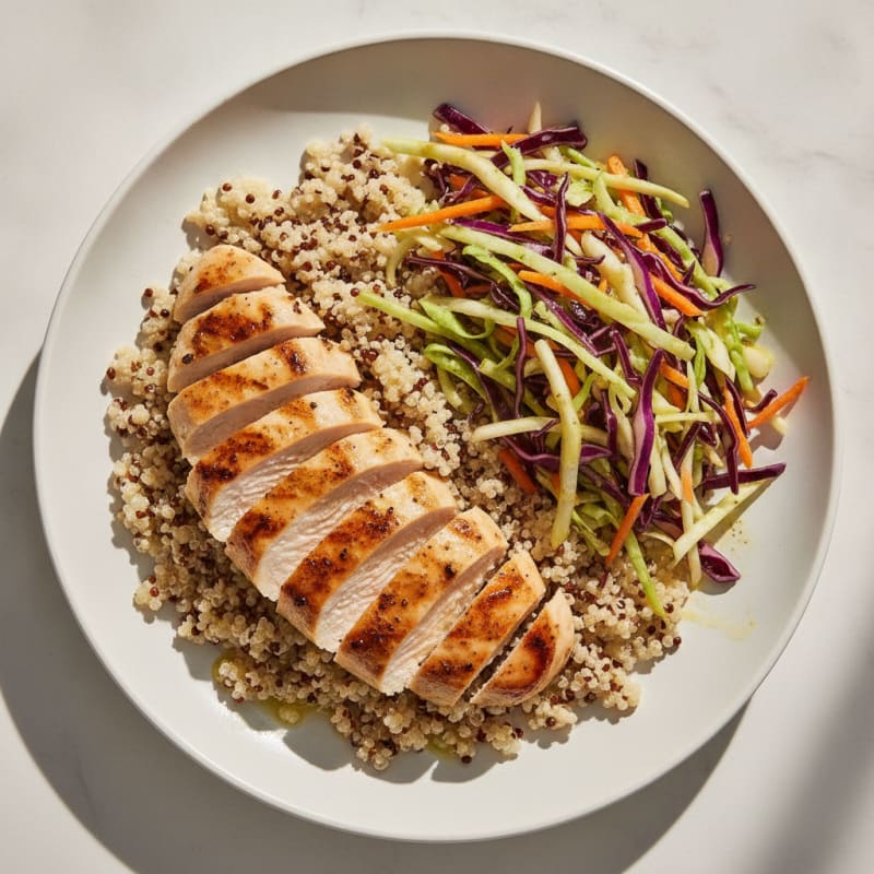 Grilled Chicken Breast with Crunchy Cabbage Slaw and Quinoa