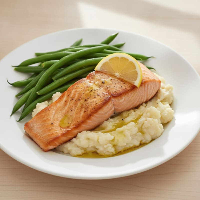 Seared Salmon with Steamed Green Beans and Garlic Mashed Cauliflower