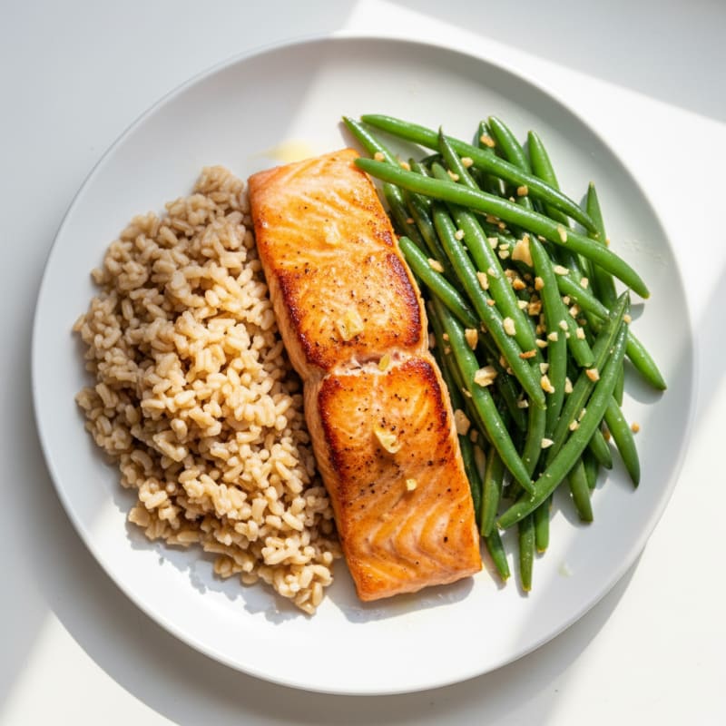 Seared Salmon with Garlic Green Beans and Brown Rice