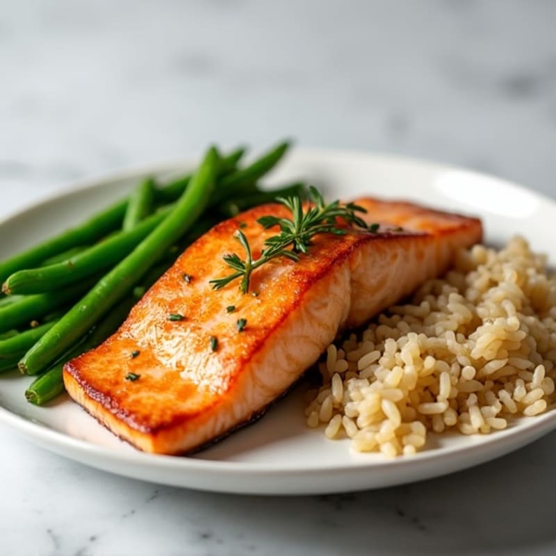Seared Salmon Fillet with Garlic Green Beans and Steamed Brown Rice