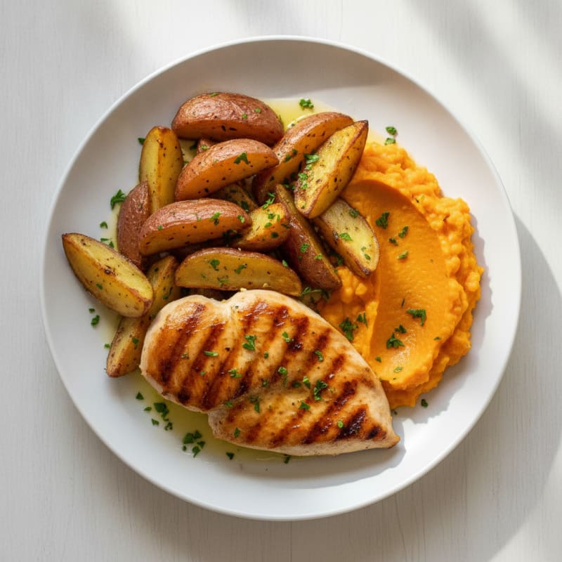 Grilled Chicken Breast with Garlic Roasted Potatoes and Carrot Mash