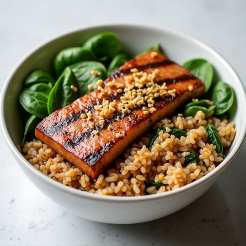 Grilled Tuna Steak Bowl with Brown Rice and Steamed Spinach