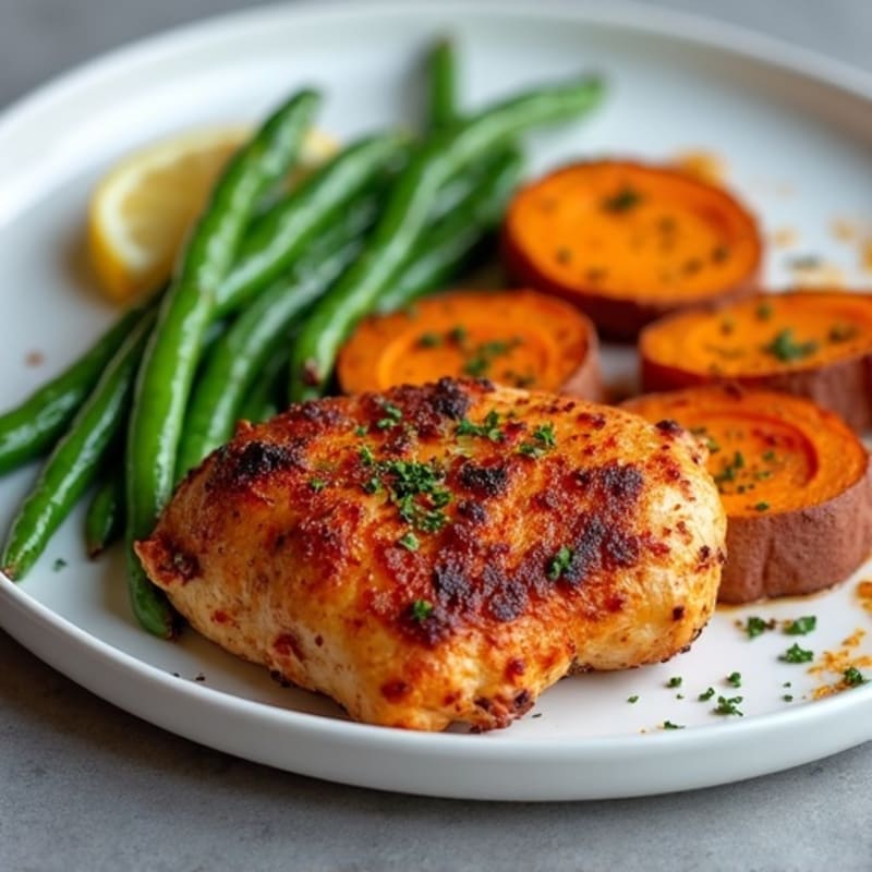 Spicy Baked Jerk Chicken with Roasted Sweet Potatoes and Fresh Green Beans