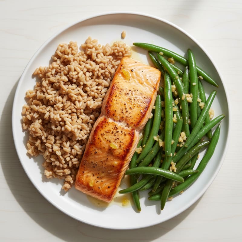 Seared Salmon Fillet with Garlic Green Beans and Brown Rice