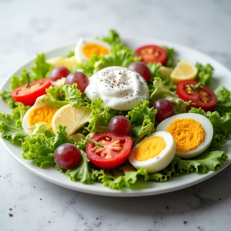 Creamy Egg and Tomato Salad with Crunchy Romaine and Fresh Grapes
