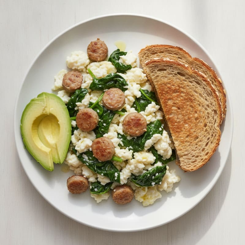 Egg White and Turkey Sausage Scramble with Sautéed Spinach
