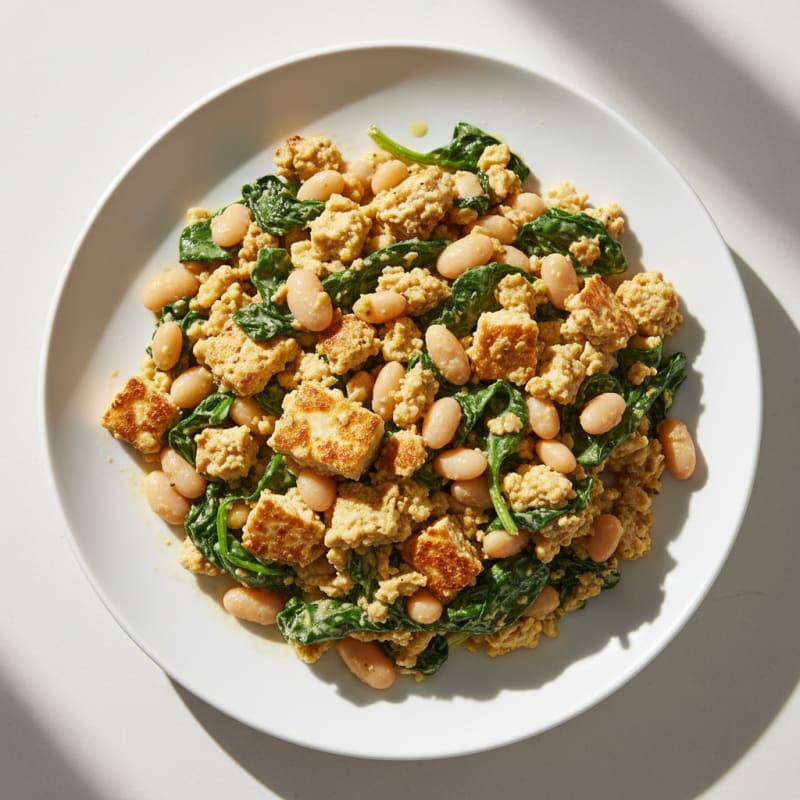Creamy Tofu Scramble with Sautéed Spinach and White Beans