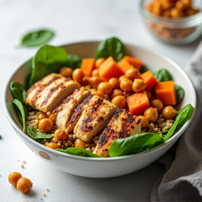 Roasted Sweet Potato Quinoa Bowl with Crispy Chickpeas and Grilled Chicken