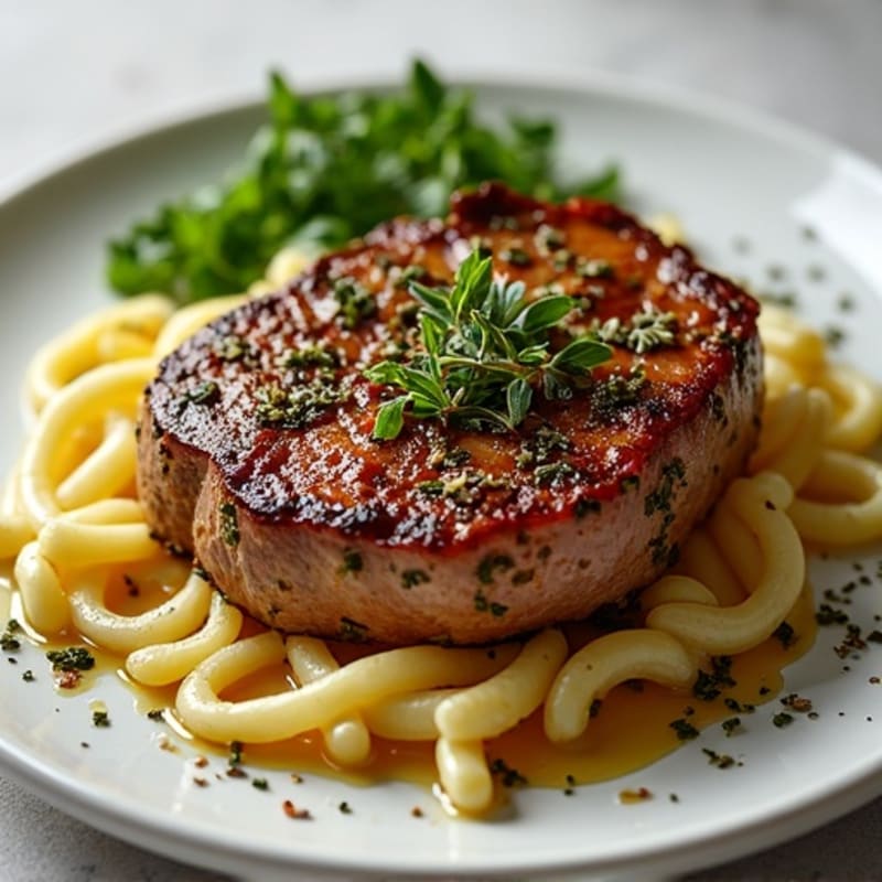 Herb-Crusted Pan Seared Steak with Roasted Garlic