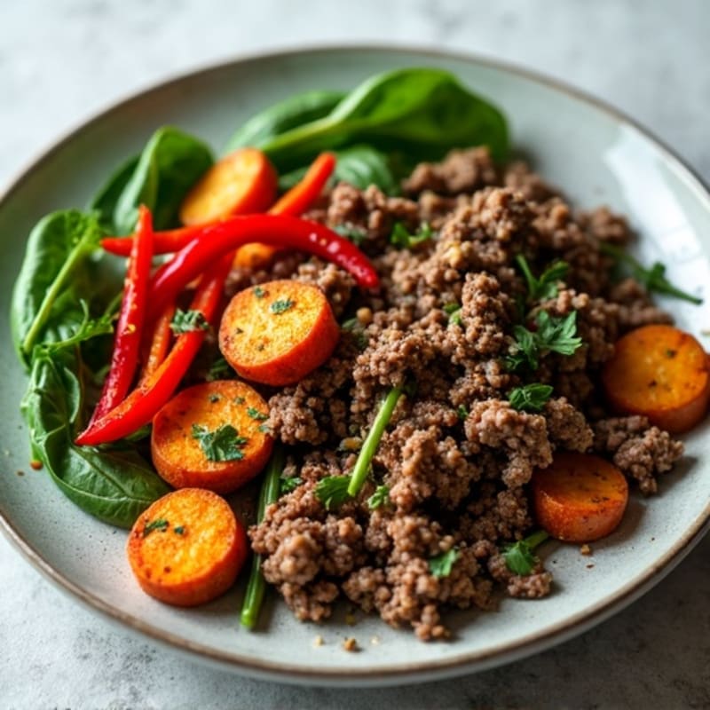 Lean Ground Beef Skillet with Crispy Sweet Potatoes and Sautéed Greens